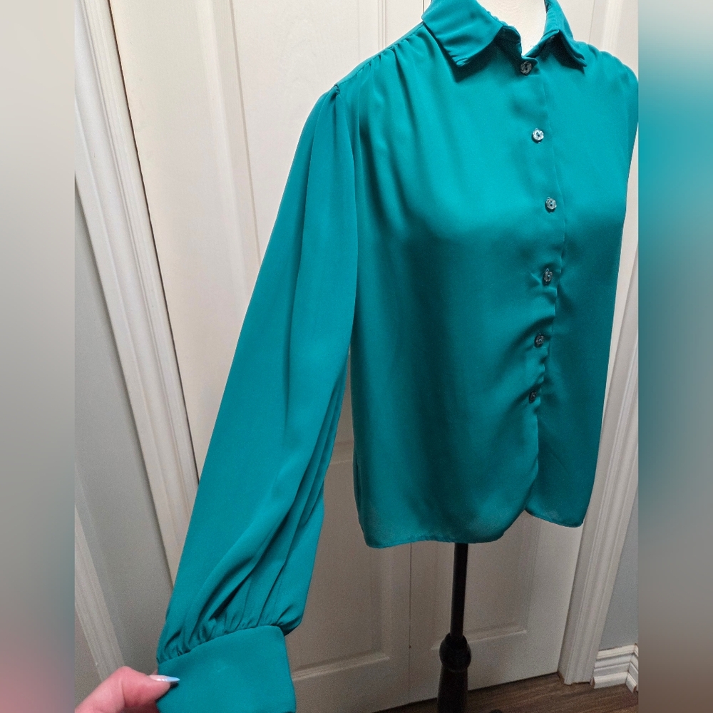 Vtg St Michael Sheer Bell Sleeve Teal Women's Blouse